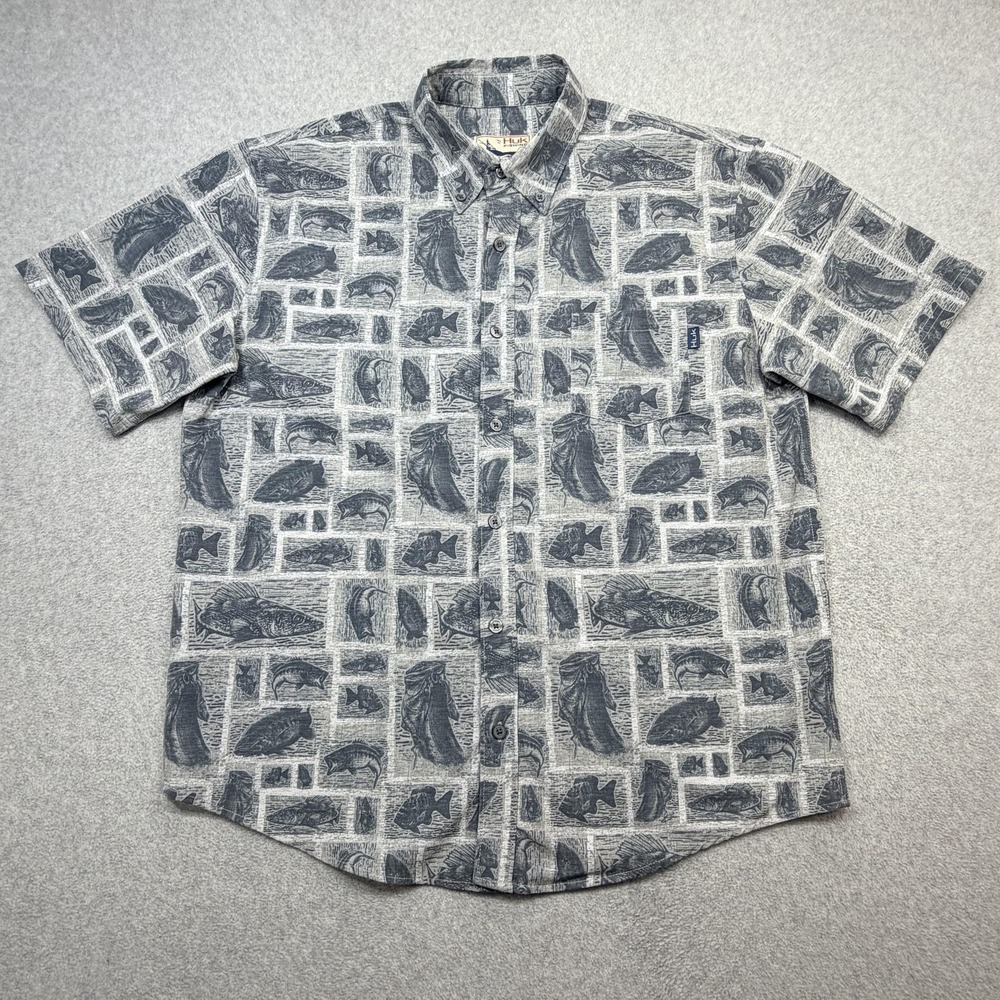 Huk Shirt Mens Medium Gray Short Sleeve Button Front AOP Fish Print Outdoor